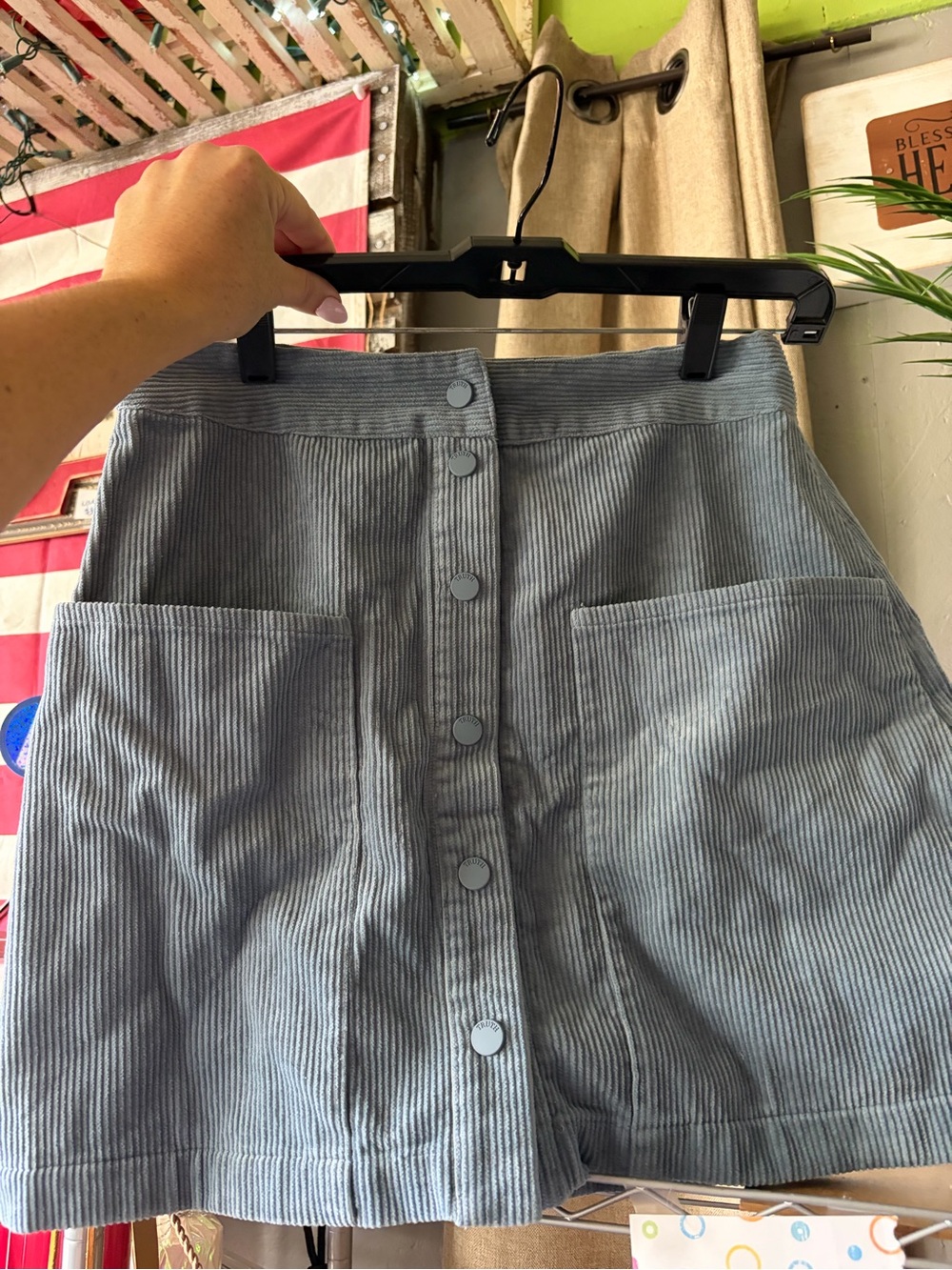 High-Waist Corduroy Button-Front A-Line Skirt in Light Blue